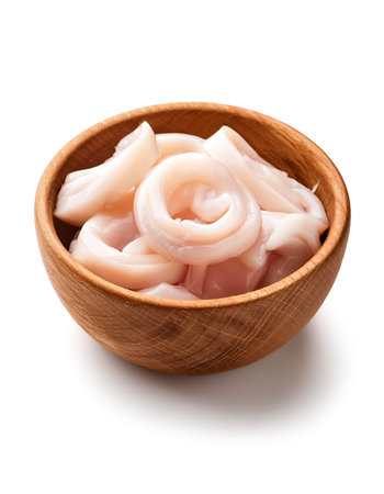 squid meat in wooden bowl isolated on white backgroundの写真素材
