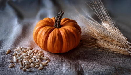 A mini pumpkin is placed on a cream linen