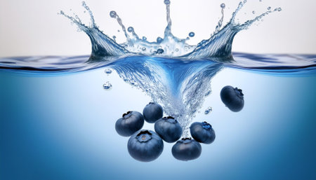Blueberries falling into clean waterの写真素材