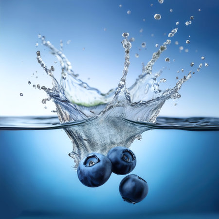 Blueberries falling into clean waterの写真素材
