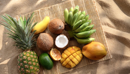Creative concept tropical fruits arranged on a cloth mat in the sandの写真素材