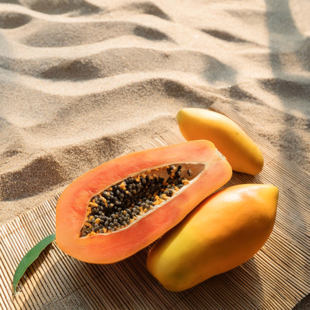 papaya fruit arranged on a cloth mat in the sandの写真素材