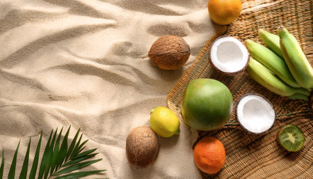 Creative concept tropical fruits arranged on a cloth mat in the sandの写真素材
