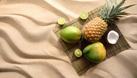 Creative concept tropical fruits arranged on a cloth mat in the sandの写真素材