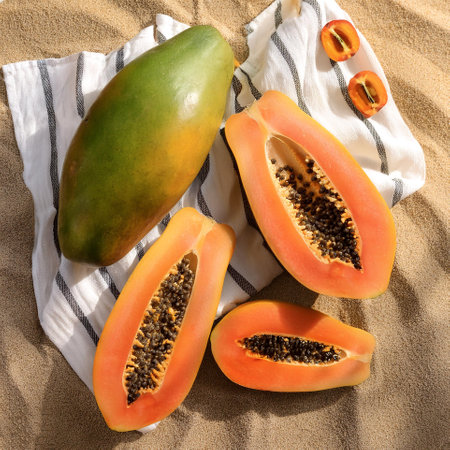 papaya fruit arranged on a cloth mat in the sandの写真素材