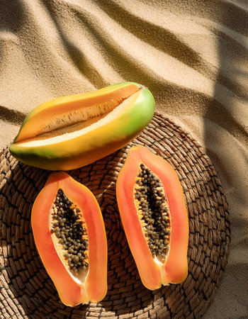 papaya fruit arranged on a cloth mat in the sandの写真素材