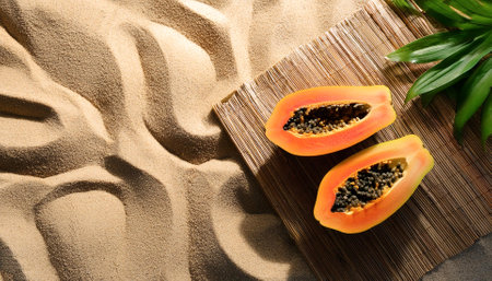 papaya fruit arranged on a cloth mat in the sandの写真素材