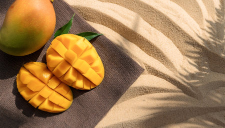 mango fruit arranged on a cloth mat in the sandの写真素材
