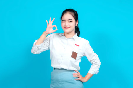 Portrait female student showing a 'OK' hand gesture, standing cheerful against a vibrant blue background, radiating positivity and assurance.の写真素材