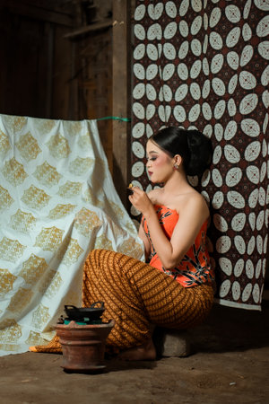 Young Indonesian women or fashion models wearing traditional Indonesian clothing or attire with batik motifs from Indonesian culture. Making or painting batik cloth. Making batik cloth.の写真素材