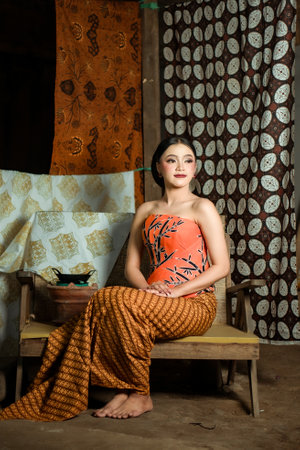 Young Indonesian women or fashion models wearing traditional Indonesian clothing or attire with batik motifs from Indonesian culture.の写真素材