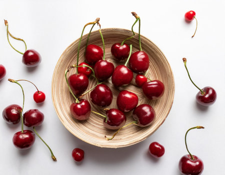 Red cherries, isolated on a clean white backgroundの写真素材