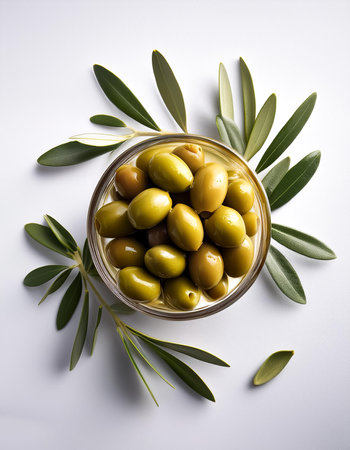 olives with olive leaves, isolated on a clean white backgroundの写真素材
