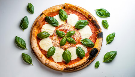 neapolitan homemade pizza margarita from the brick oven with fresh mozzarella and basil leaves, isolated on a clean white backgroundの写真素材