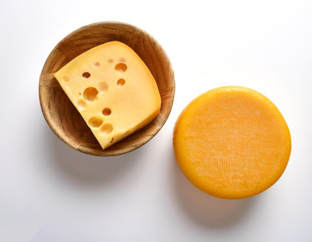 Two delicious pieces of cheese, isolated on a clean white backgroundの写真素材