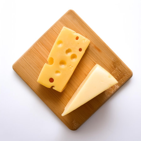 Two pieces of cheese on a wooden cutting boardの写真素材