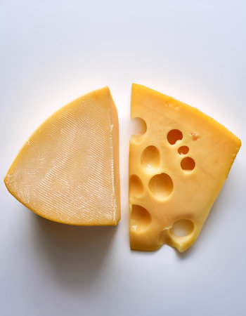 Two delicious pieces of cheese, isolated on a clean white backgroundの写真素材