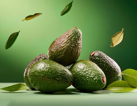 a pile of avocados against a bright green background