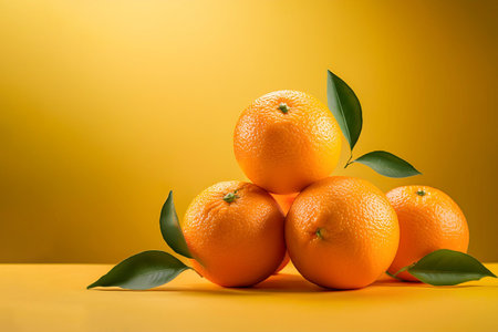 a pile of Oranges on a bright yellow backgroundの写真素材