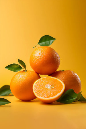 a pile of Oranges on a bright yellow backgroundの写真素材