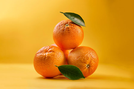 a pile of Oranges on a bright yellow backgroundの写真素材