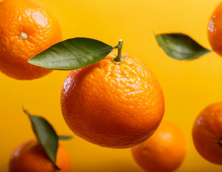 Flying mandarin oranges on a bright yellow backgroundの写真素材