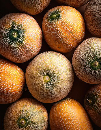 Cantaloupe fruit, Creative background design with food theme, focus on the pile of fresh Cantaloupe fruitの写真素材