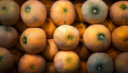 Cantaloupe fruit, focus on the pile of fresh Cantaloupe fruitの写真素材