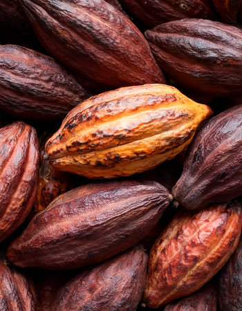 Cocoa fruit, Creative background design with food theme, focus on the pile of fresh Cocoa fruitの写真素材