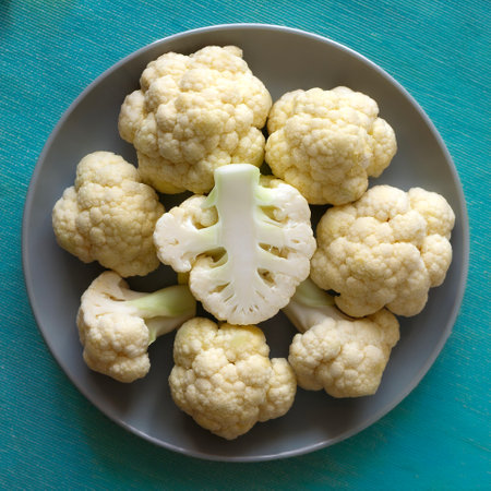 Cauliflower Vegetables, Creative background design with food theme, focus on the pile of fresh Cauliflowerの写真素材