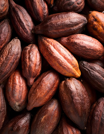 Cocoa fruit, Creative background design with food theme, focus on the pile of fresh Cocoa fruitの写真素材