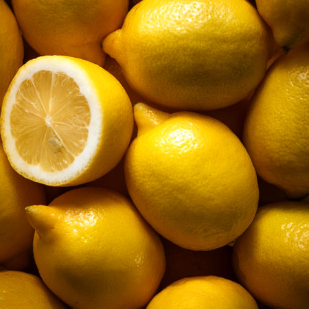 fresh lemons. Creative background design with food theme, focus on the pile of fresh lemonsの写真素材