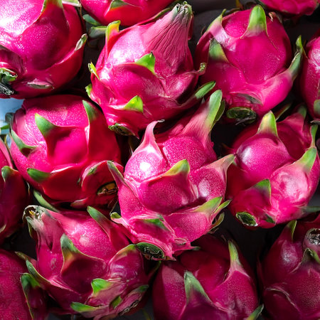 Dragon fruit, Creative background design with food theme, focus on the pile of fresh Dragon fruitの写真素材