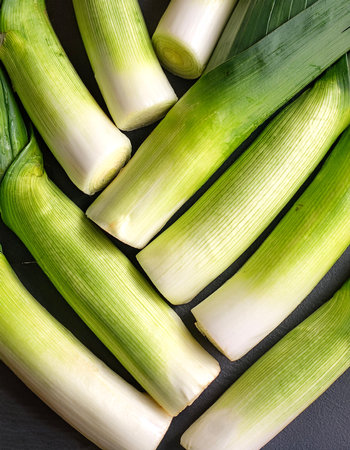 Leek Vegetables, Creative background design with food theme, focus on the pile of fresh Leekの写真素材