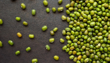 Mung beans Vegetables, Creative background design with food theme, focus on the pile of fresh Mung beansの写真素材