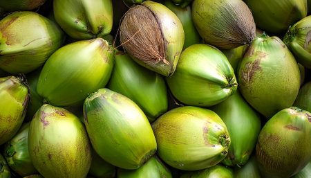 Young coconut fruit, Creative background design with food theme, focus on the pile of fresh Young coconut fruitの写真素材
