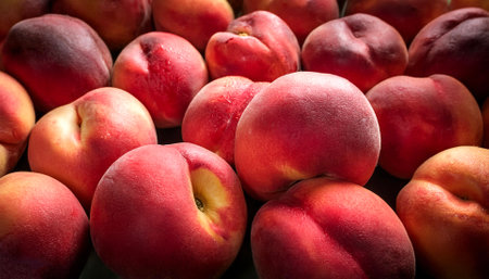 Peach, Creative background design with food theme, focus on the pile of fresh Peachの写真素材