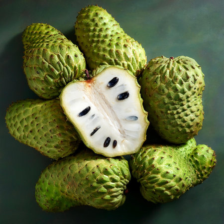 Soursop fruit, Creative background design with food theme, focus on the pile of fresh Soursop fruitの写真素材