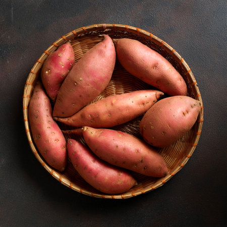 Sweet potato Vegetables, Creative background design with food theme, focus on the pile of fresh Sweet potato Vegetablesの写真素材