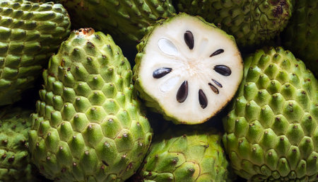 Soursop fruit, Creative background design with food theme, focus on the pile of fresh Soursop fruitの写真素材