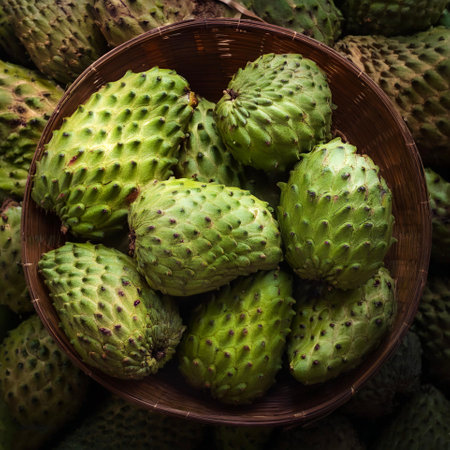 Soursop fruit, Creative background design with food theme, focus on the pile of fresh Soursop fruitの写真素材