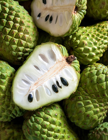 Soursop fruit, Creative background design with food theme, focus on the pile of fresh Soursop fruitの写真素材