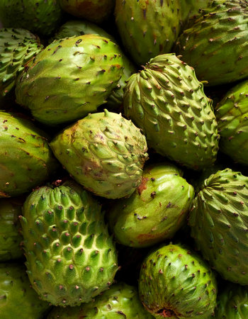 Soursop fruit, Creative background design with food theme, focus on the pile of fresh Soursop fruit