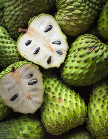 Soursop fruit, Creative background design with food theme, focus on the pile of fresh Soursop fruitの写真素材