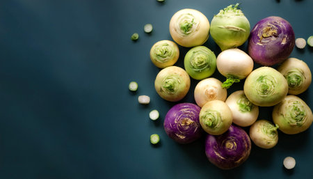 Turnip Vegetables, Creative background design with food theme, focus on the pile of fresh Turnip Vegetablesの写真素材