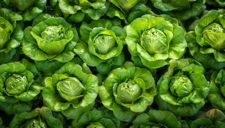 Lettuce Vegetables, Creative background design with food theme, focus on the pile of fresh Lettuceの写真素材