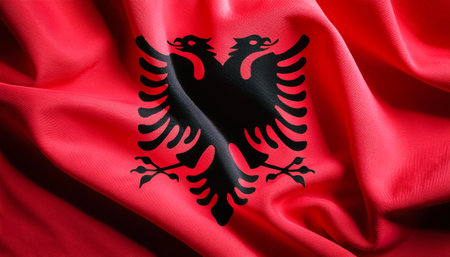 Albania Flag waving in the wind. Close up of Albania banner blowing, soft and smooth silk. Cloth fabric texture ensign backgroundの写真素材