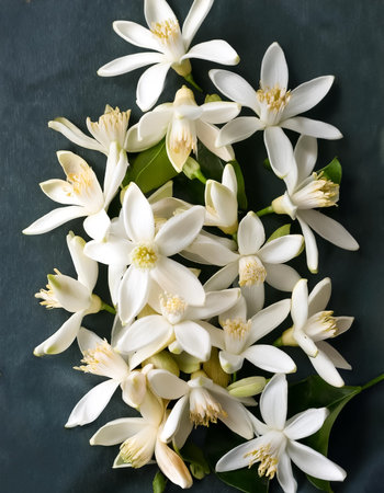 A Neroli blossom. White citrus tree bloom pattern texture backgroundの写真素材