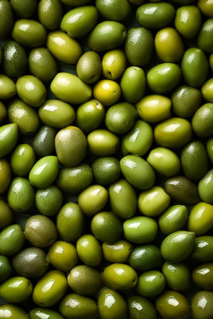 A detailed image of fresh green olives with a glistening texture, top view.の写真素材