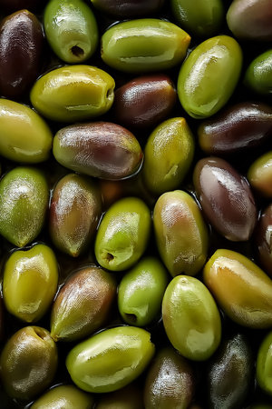 A detailed image of fresh green and purple olives with a glistening texture, top view.の写真素材